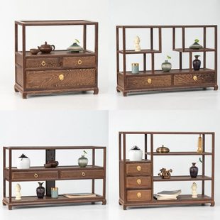 鸡翅木茶水柜带抽屉实木博古架桌面展示架收纳榫卯茶壶茶具置物架
