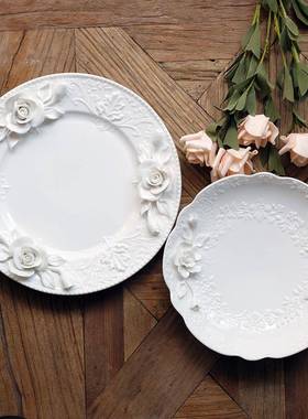 5ZWW立962陶瓷手捏玫瑰花体造型大号宫廷BCS风圆荷口1餐盘盘法式