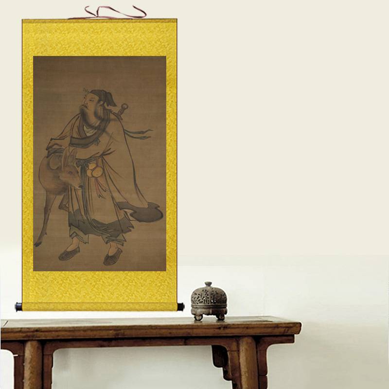 古画复制张路仙人携鹿图玄关走廊装饰画客厅书房新中式卷轴画挂画