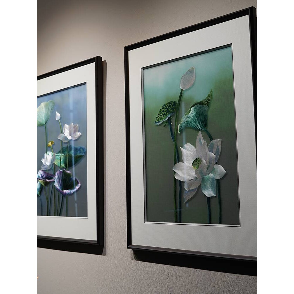 ?新中式三联荷花苏州手工苏绣沙发背景客厅刺绣成品挂画装饰