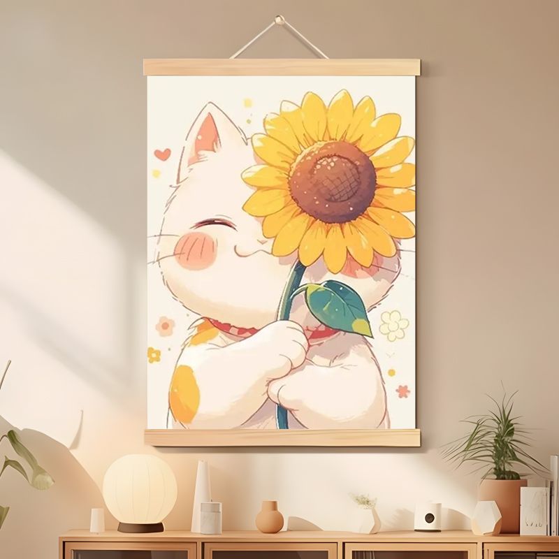 小猫向日葵挂画可爱卡通卧室客厅背景墙温馨装饰画礼物实木挂墙画图片