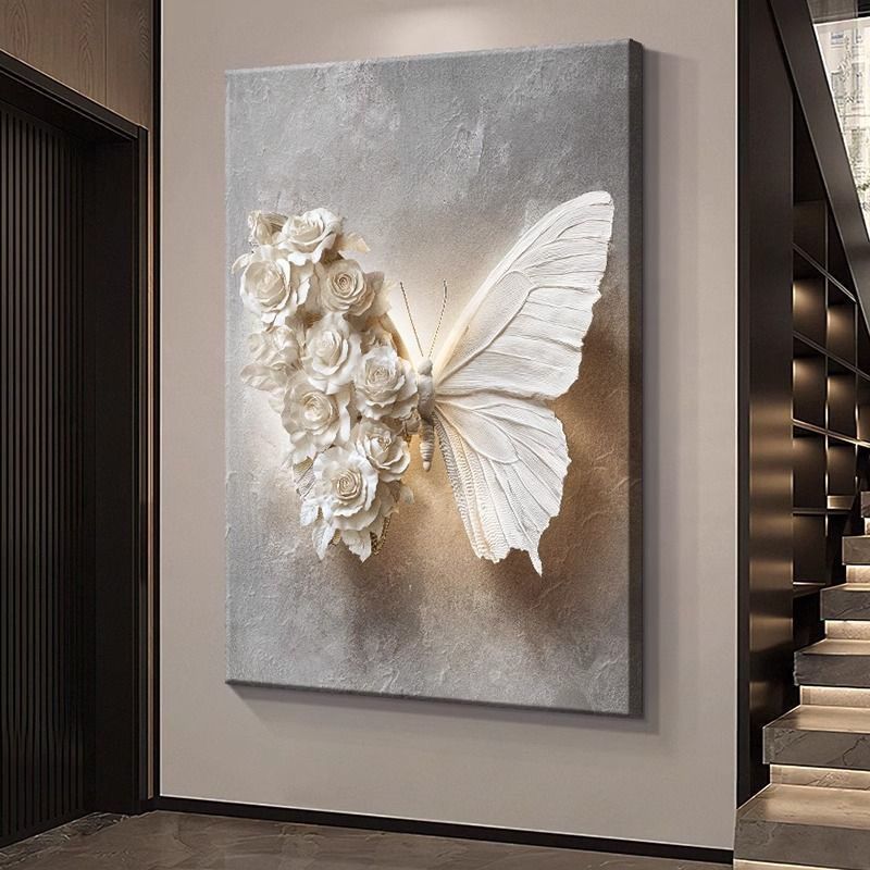 蝴蝶高级感黑白玄关装饰画立体感客厅沙发浮雕背景墙壁挂画落地画图片