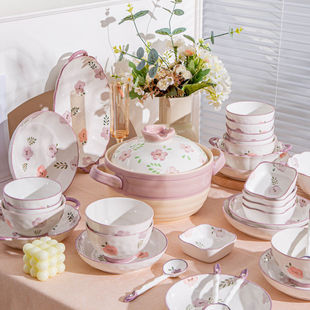 日式陶瓷碗碟套装家用紫色餐具碗盘子饭碗ins风好看的碗具高颜值