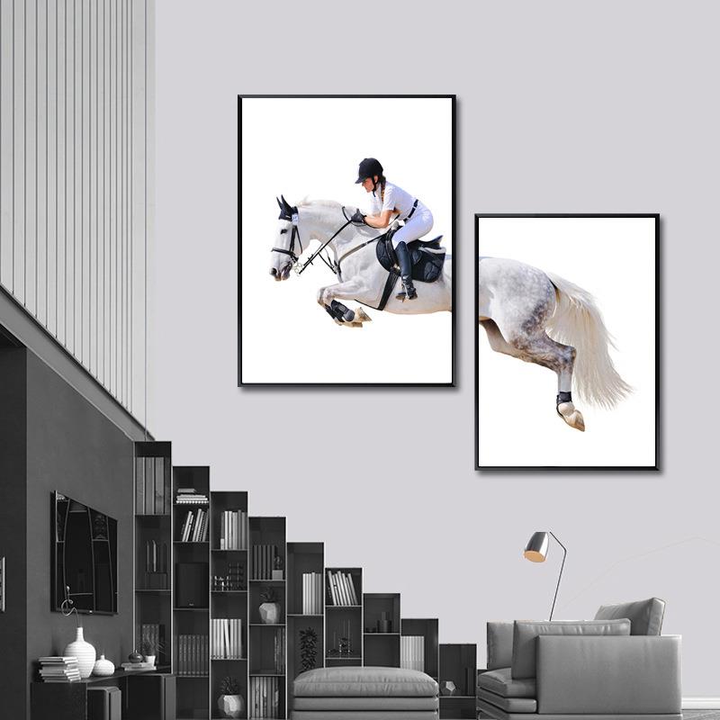 马术组合大气沙发背景墙餐厅挂画客厅装饰画创意黑白现代酒店壁画
