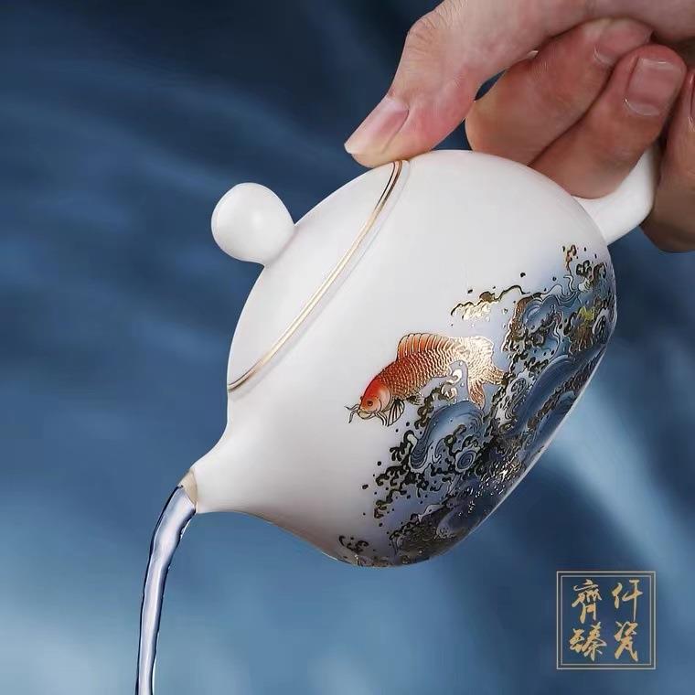 羊玉瓷素烧茶壶陶瓷家用茶孔壶德泡化白瓷泡茶器5654球过滤脂井栏