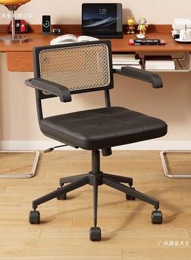 藤编子电脑椅中古风楠家用学习公椅旋转椅子办KWX室复古座椅
