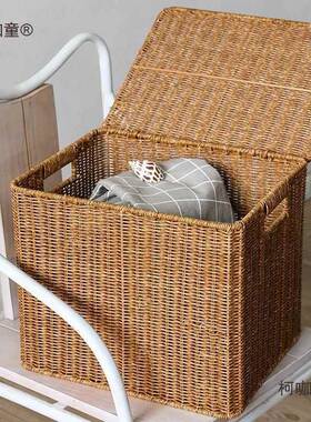收纳箱49138大号仿藤帽编 有盖衣服理箱太子 衣间储物箱收纳筐整