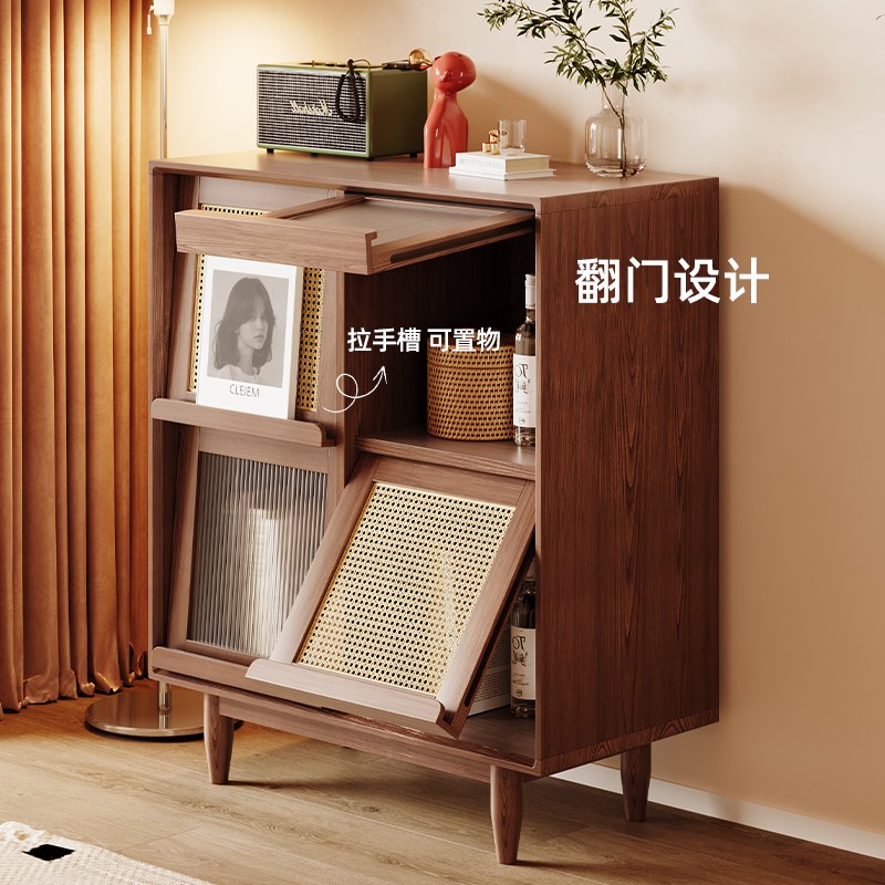 实木书柜收c纳柜储物柜一体日式藤编杂志柜玻璃置物带柜门学生家