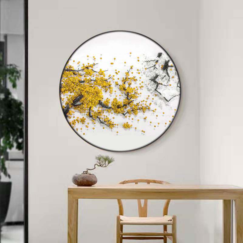 现代新中式手工立体实物画客厅玄关样板房酒店圆形纽扣工艺装饰画