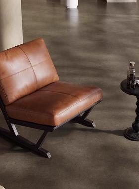意式极简靠单人沙发椅发蜡皮休UEF闲椅实木沙椅油创意设计背皮艺