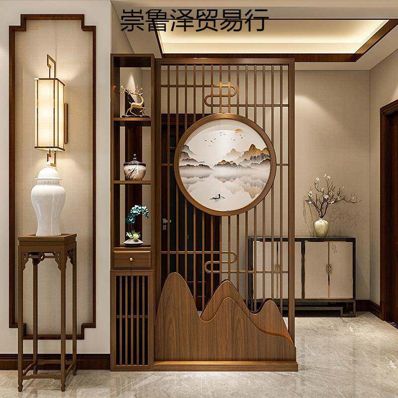 新中式实屏风格栅玄关柜客家厅用正木对门入户进/大门遮挡玄关隔