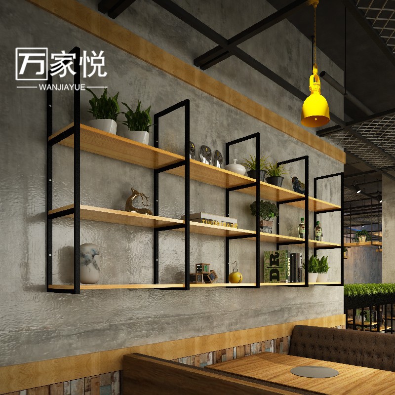 工业风美发店装饰铁艺置物架墙上书架生态实木板酒吧壁挂悬挂架子