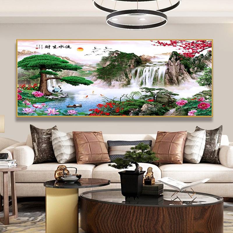 办公室墙面装饰画客厅新中式壁画国画山水现代晶画钻流水生财挂画