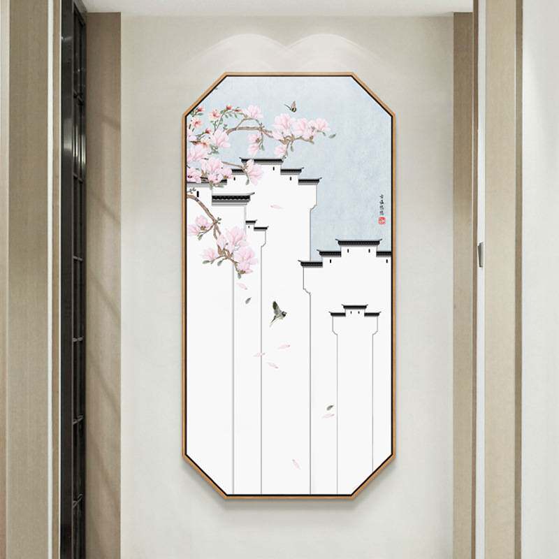 新中式入户玄关装饰画中国风徽派建筑墙面壁画过道走廊花鸟挂画