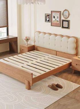 5全实木床中古风白卧蜡木奶油风单8双人床主家用1.米1.IOJ米软靠