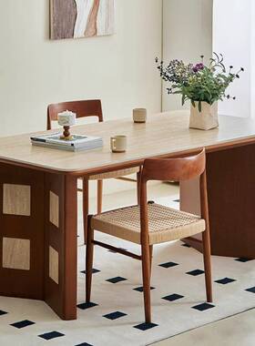 XW卡门洞石餐桌长方型法式复古中古风岩板实木梵奶油风舒书桌