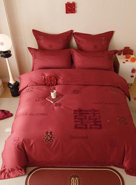 新中式婚庆品00床WZ100861支全棉四件套红色喜字刺绣床结婚被套单