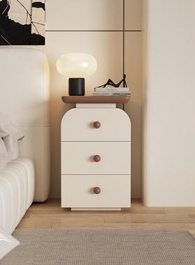 ?卧小型实木床头柜家用室225新款超窄中古油风XM8现代奶简约收纳0