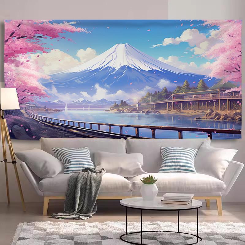 富士山风景插画背景布ins挂布直播拍照装饰布房间床头墙壁遮丑布