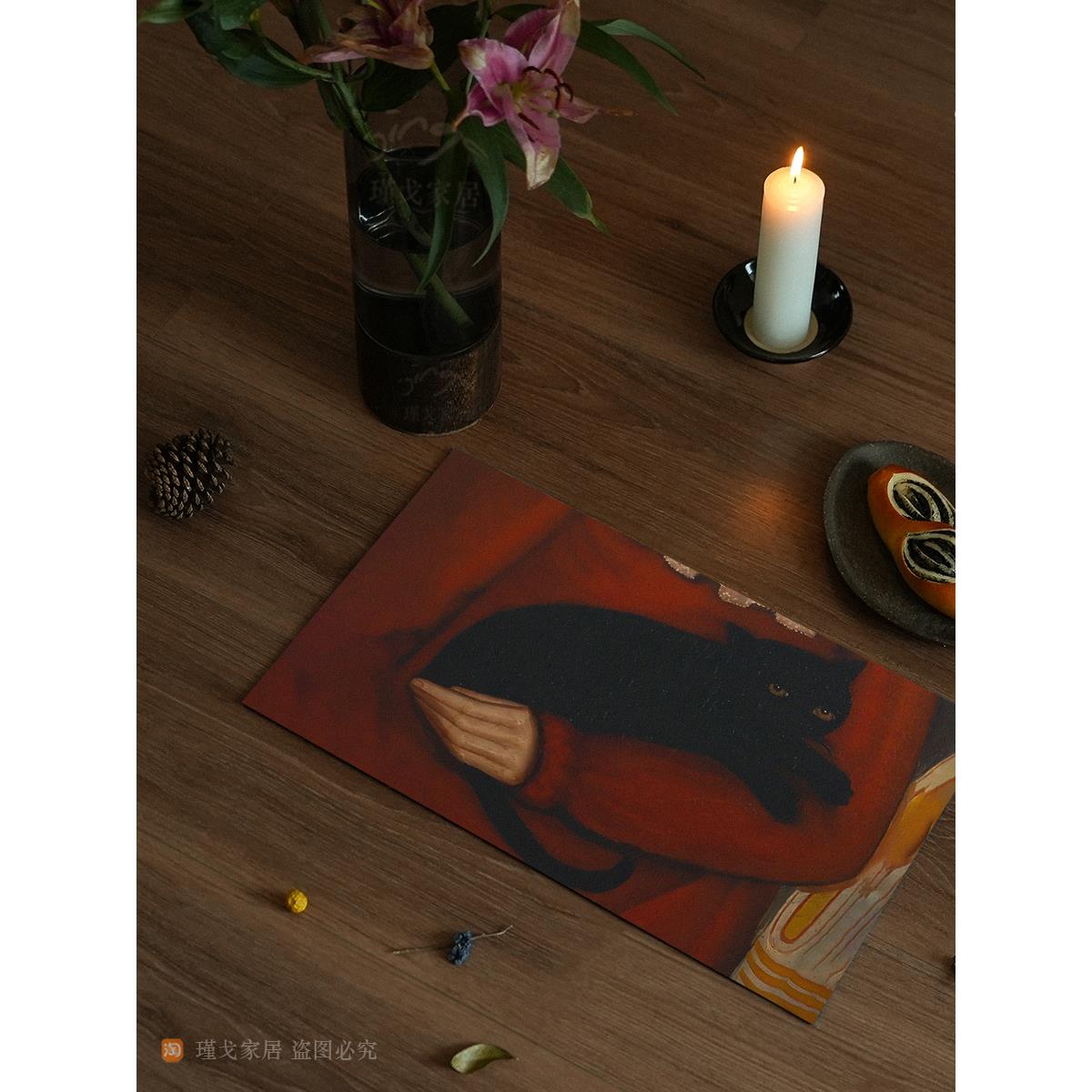 红色复古猫咪硅藻泥小桌垫吸水垫碗筷控水垫子吧台台面餐垫隔热垫