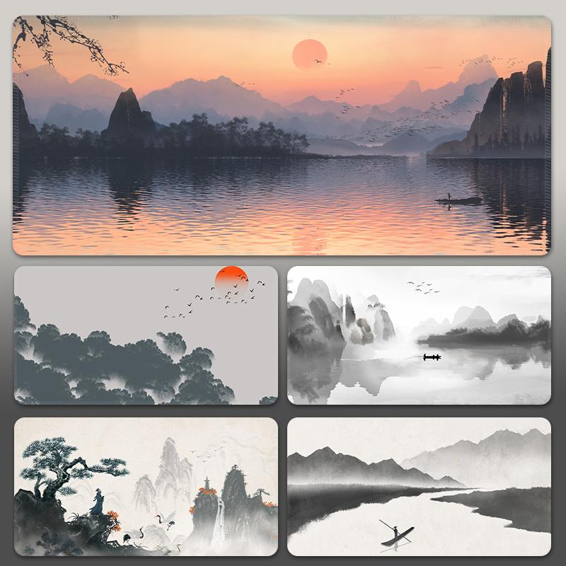 家用鼠标垫中国风山水风景桌垫黑白简约意境创意办公护腕垫超大号