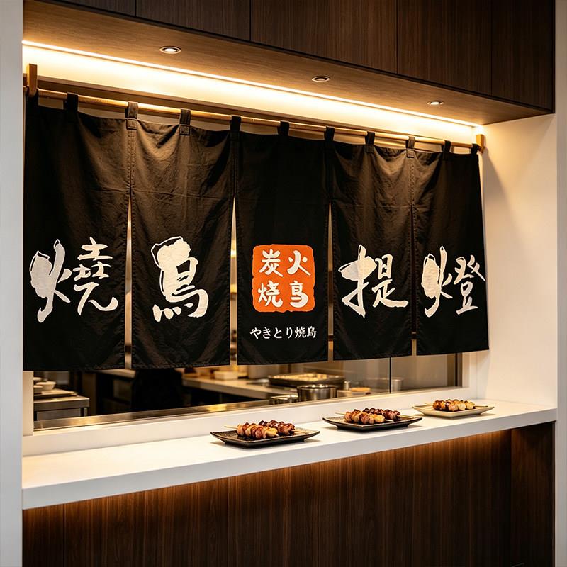 日式烧鸟料理布艺广告横幅挂帘招牌免打孔厨房出餐口隔断帘定制
