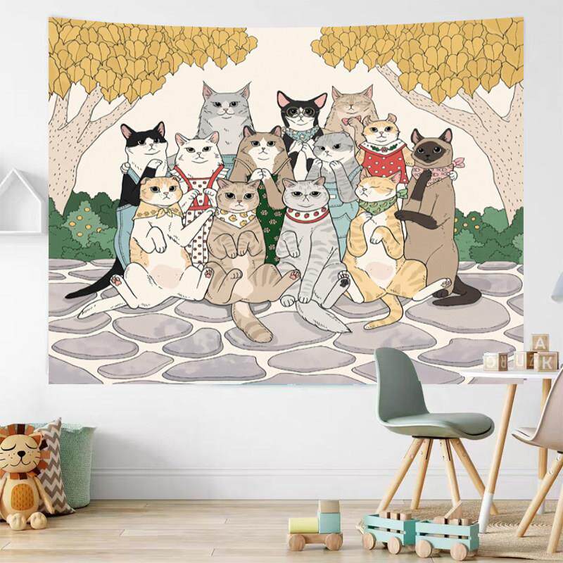 猫咪治愈系插画竖版背景布小众挂布卧室墙壁遮丑布直播拍照装饰布