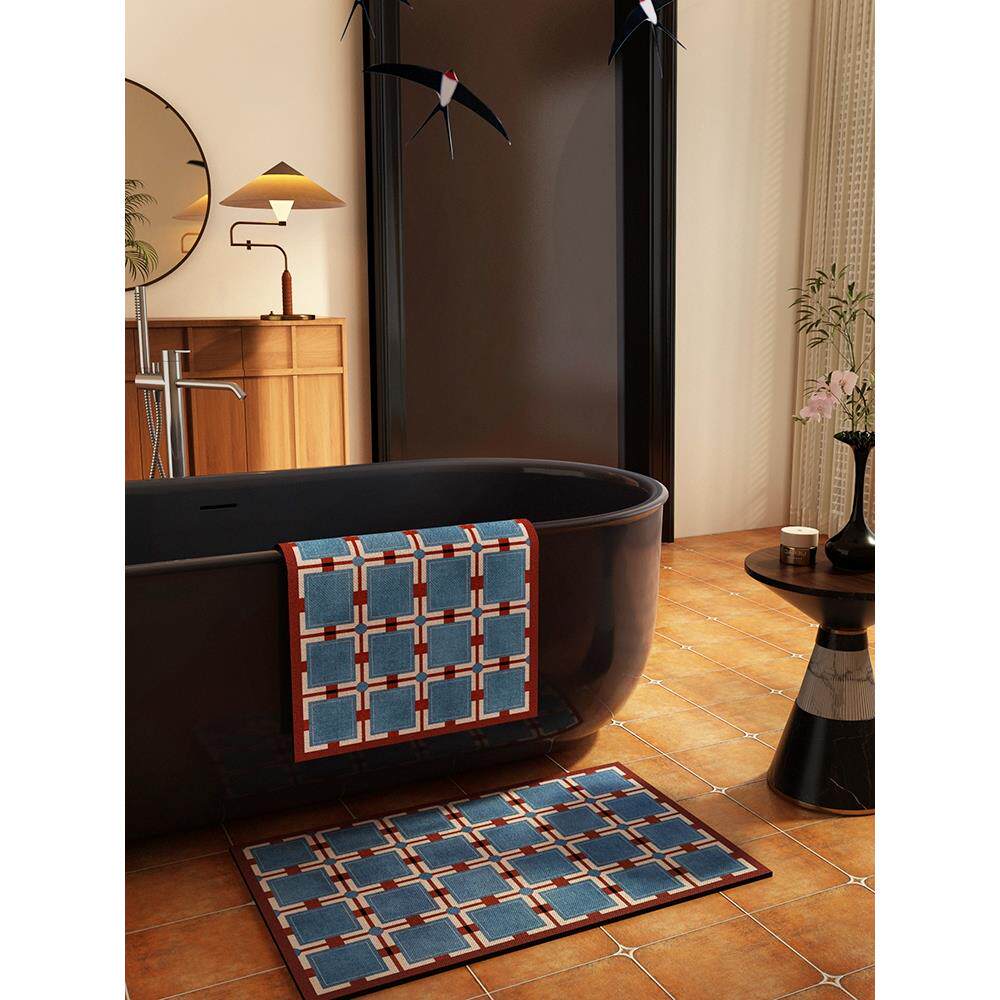 蓝色中古卫生间地垫美式硅藻泥浴室吸水防滑垫门口厕所洗手池脚垫