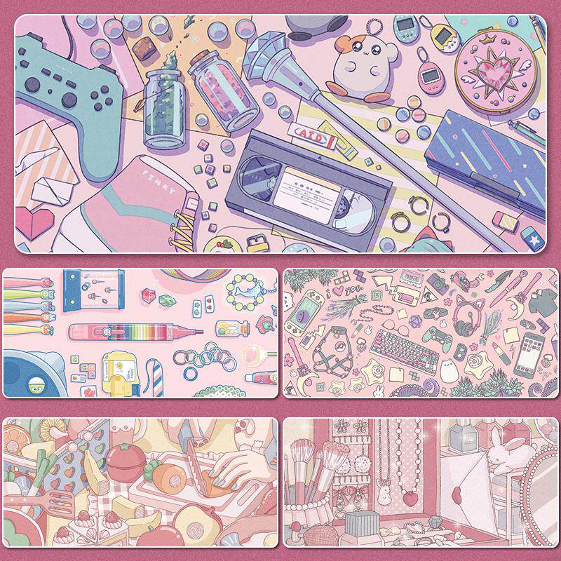 粉色可爱鼠标垫ins女生笔记本电脑超大锁边防水卡通键盘办公桌垫