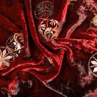 新中式 丝绣球雕印烫金丝绒ESX面料厂家1金80g国风仿真马丝旗甲袍