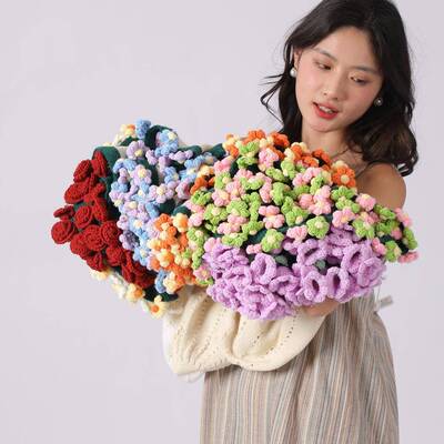 玫瑰花束毯成品办公室午睡花手毯编织毛线子团花朵毛工毯手工花毯