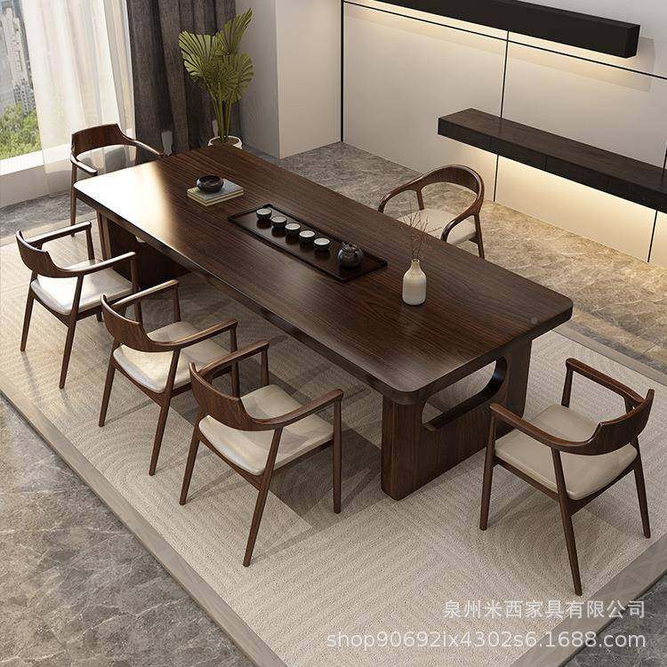 中式木茶桌实实新木办公室大板泡FZZ茶桌椅合一桌五椅茶楼茶室组