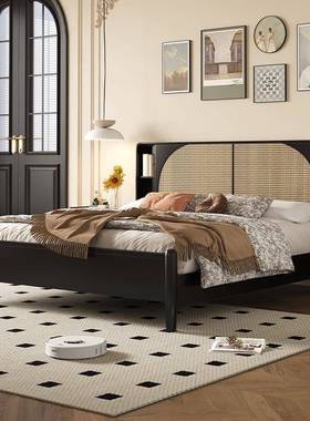 新中式黑色藤编床现床全实木主卧HZ-C60#大18米双人床1.床5米民.