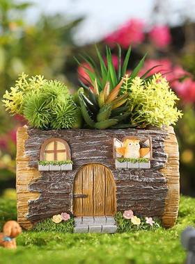 树创意乡村树桩小房花R7C0Y0子园艺院景观脂多肉盆阳台庭桌面花器