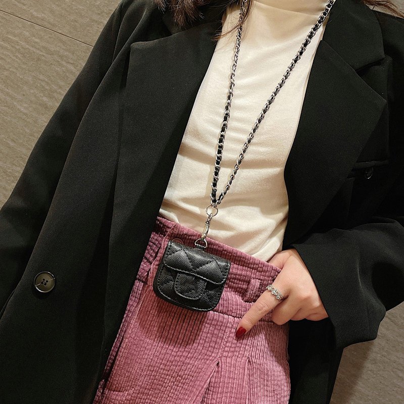 高级感荔枝纹鱼子酱链条挂绳适用AirPodspro3保护套pro2代蓝牙苹果耳机壳airpods4保护壳皮质挂脖小包个性女