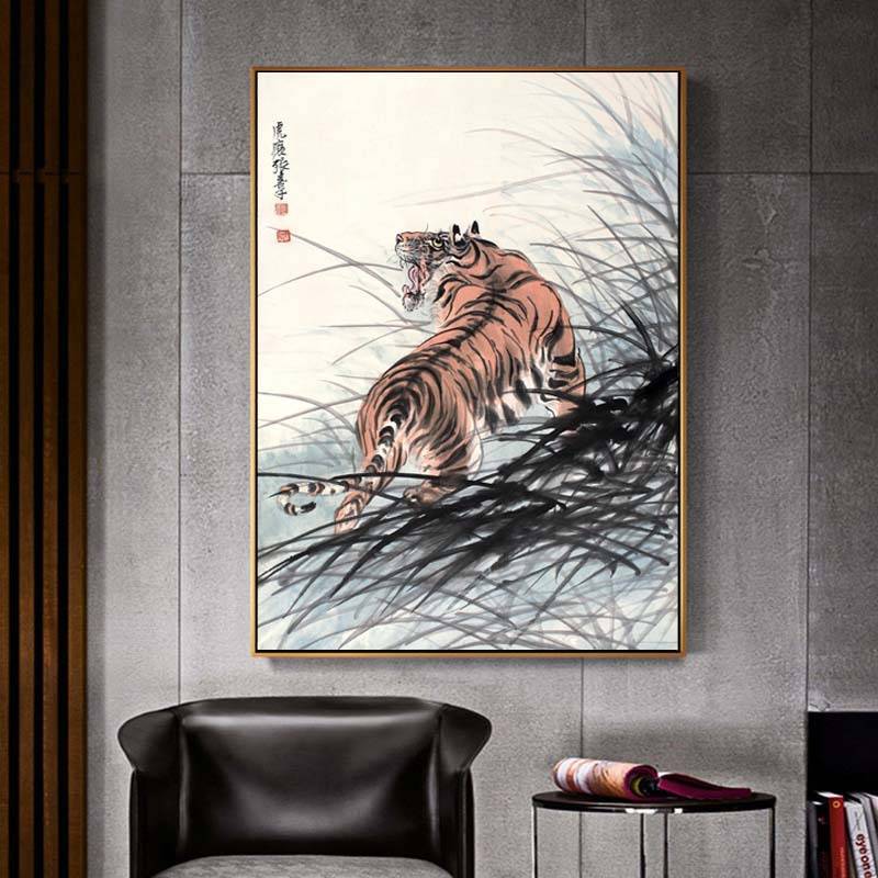 ?新中式装饰画老虎图上山虎下山虎国画走廊过道玄关风壁画挂画