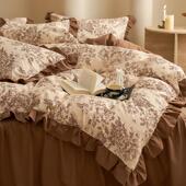 四床件纯套001上裙款 印花磨毛加厚被套法式 床用品复古风棉秋冬季