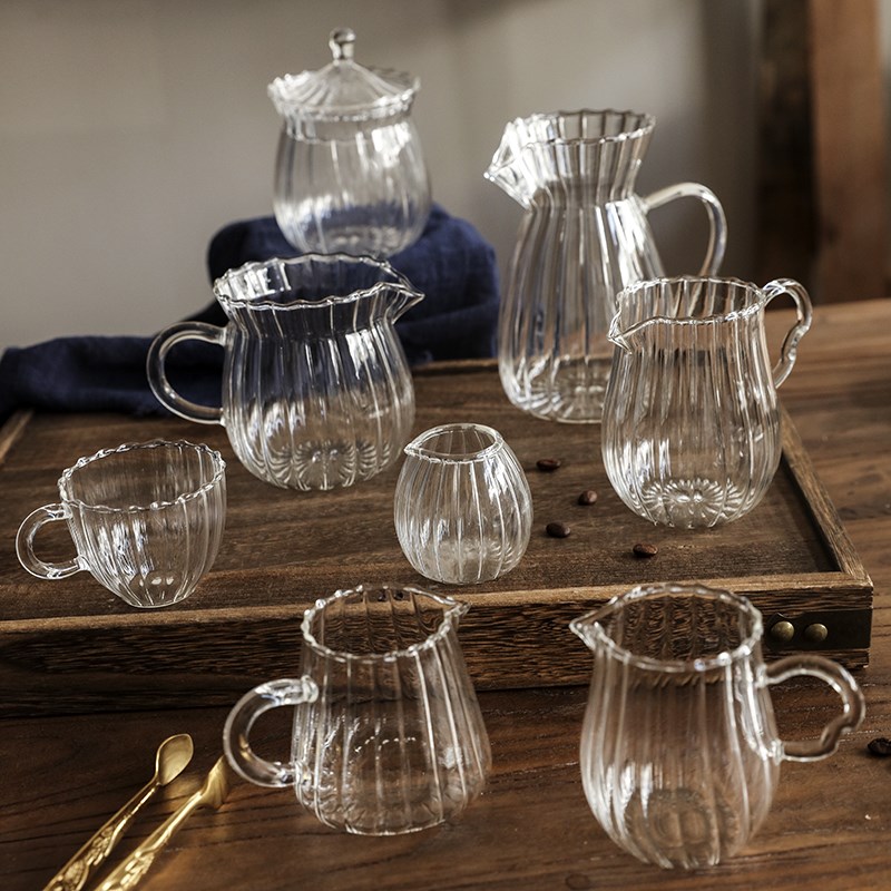 日式公道杯玻璃小奶盅泡茶过滤器家用拉花奶壶咖啡U分享壶条纹奶