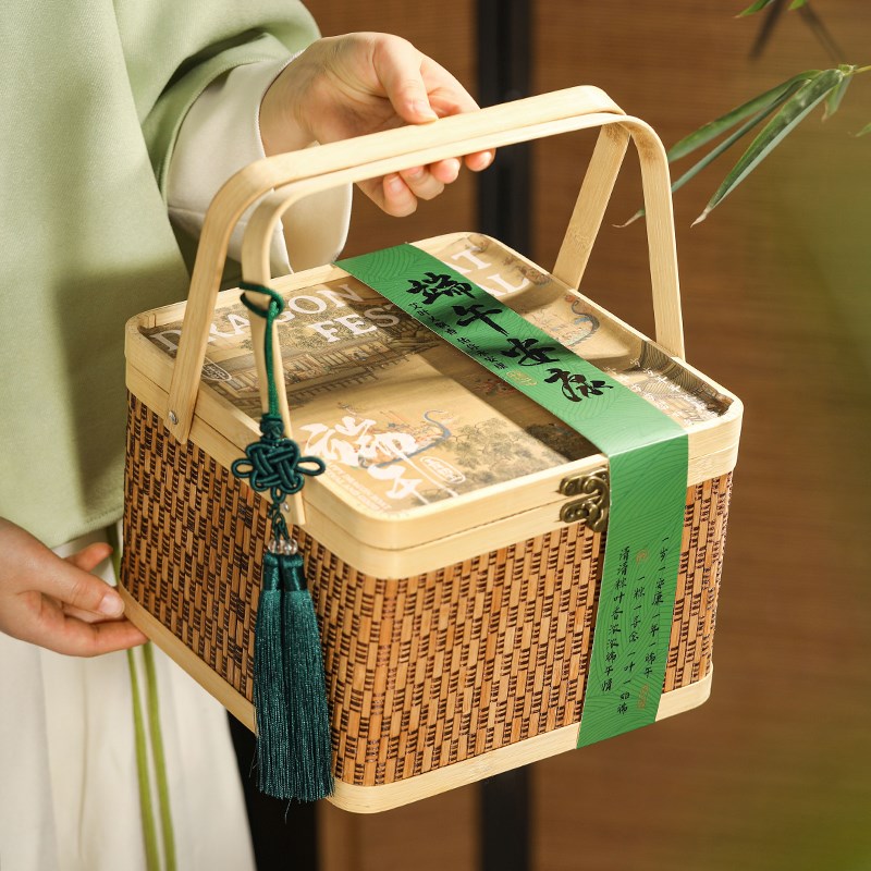 2025新款端i午礼盒空盒粽子包装盒中国风礼物盒高档竹编篮手提盒