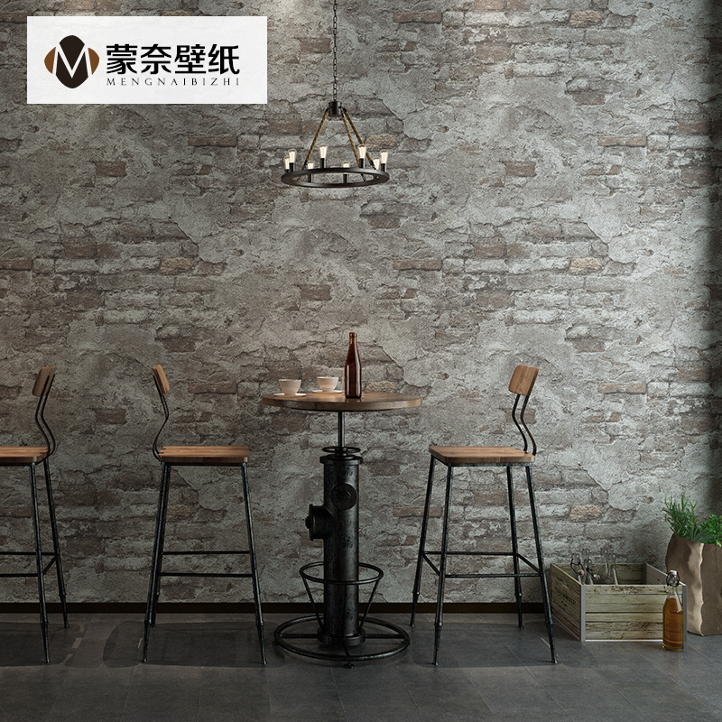 仿古砖砖块砖头仿砖复古水泥灰色砖D纹墙纸仿古工业风饭店壁纸做