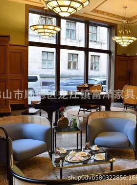 北欧现简约轻奢代餐厅会所HEX木布艺实黑色藤洽谈单人双编人沙发