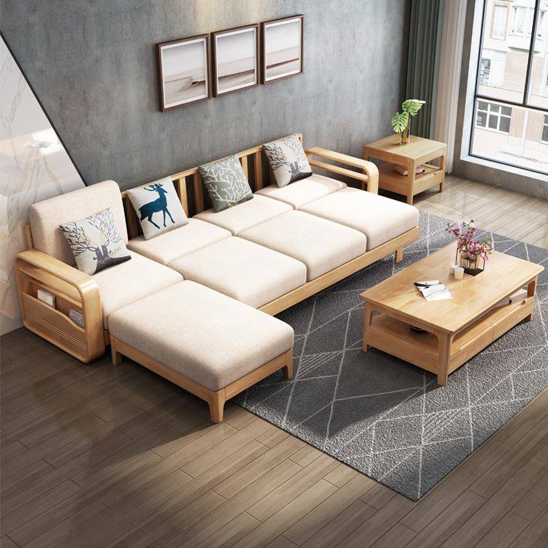 北欧多实木发茶沙几组合简约小户型客厅转角沙74614发带带贵妃功