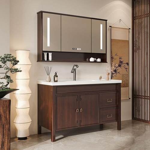 新卫中421式现代落地式生间洗漱台镜室柜合复一体盆古灰色橡组木