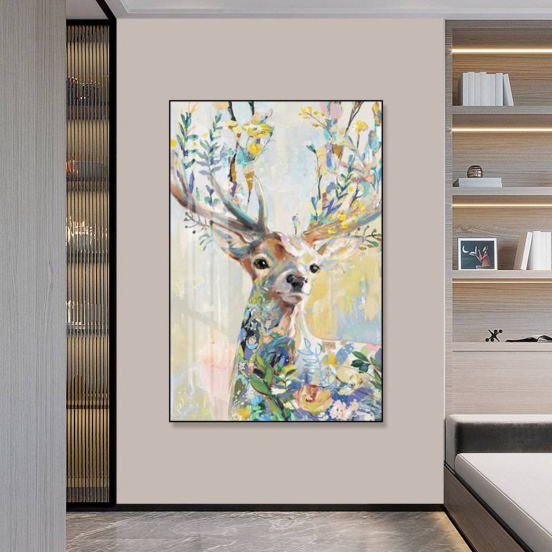 现代简约手绘油画小鹿玄关装饰画客厅餐厅抽象油画轻奢手绘挂画图片