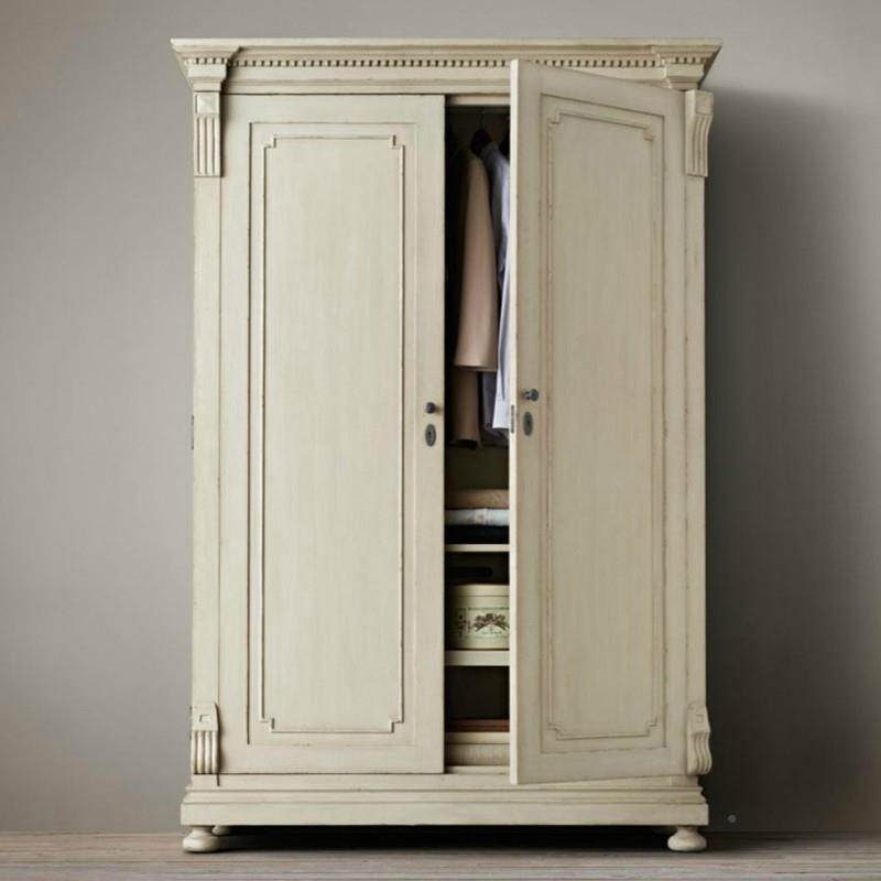 美式乡村实木仿衣柜双开门古复古白旧橡做木RH0021对开门双门衣橱