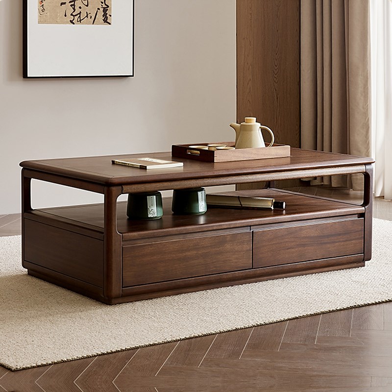 新中式实a木茶几客厅长方形落地家用黑胡桃木色双层抽屉储物茶几