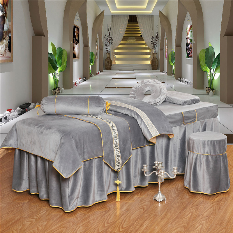 纯色新款美容床罩四件套美容院专用水晶绒L欧式按摩床罩套定制通