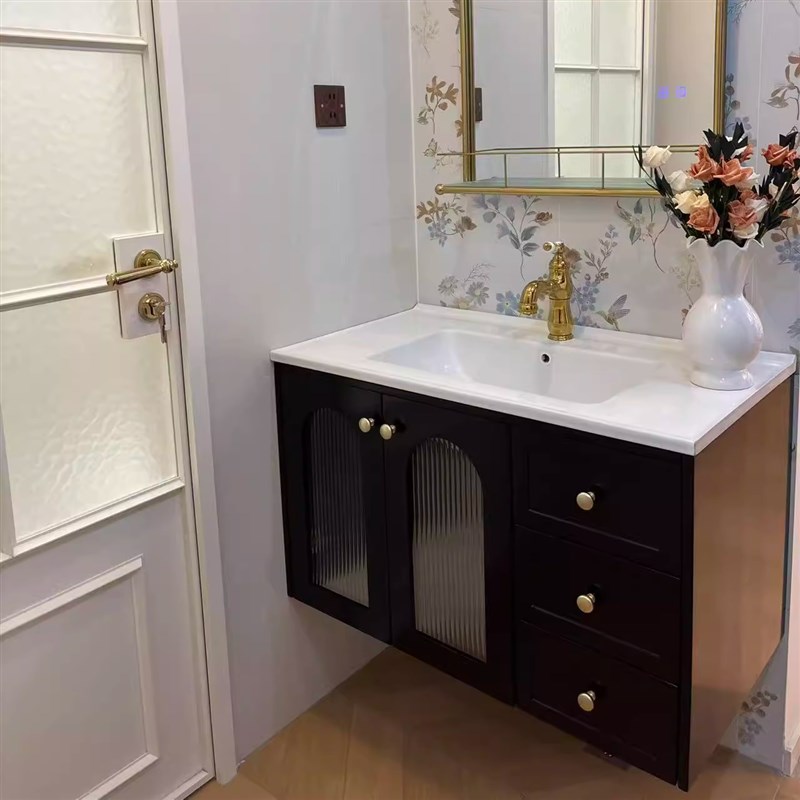 法式复古浴室柜组合卫生间橡木洗脸池洗手盆陶瓷T一体盆轻奢洗漱