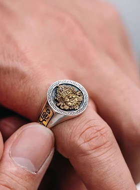 镀S925银立体黄n财神戒指男士复古高级感国风指环礼物招财四方柱