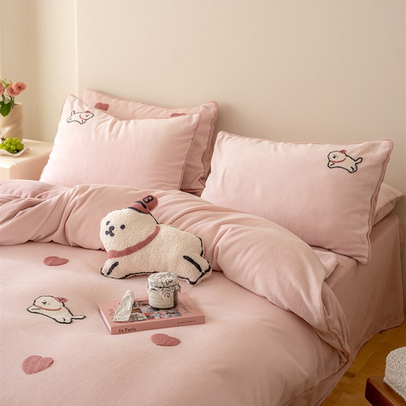 少女心冬季加厚保暖牛奶绒四件套儿童卡通男女被套床Y单床笠款床